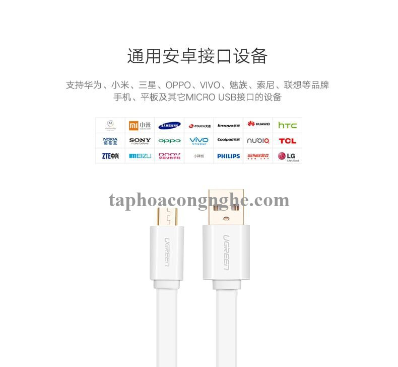 Ugreen 30680 0.5M màu Trắng Cáp sạc truyền dữ liệu USB 2.0 sang MICRO USB dáng dẹt US118 30030680